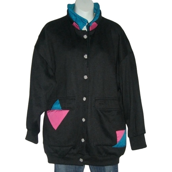 Vintage 80s Jacket Current Seen Black Geometric Stranger Things Mixed Media Pink - Picture 15 of 15